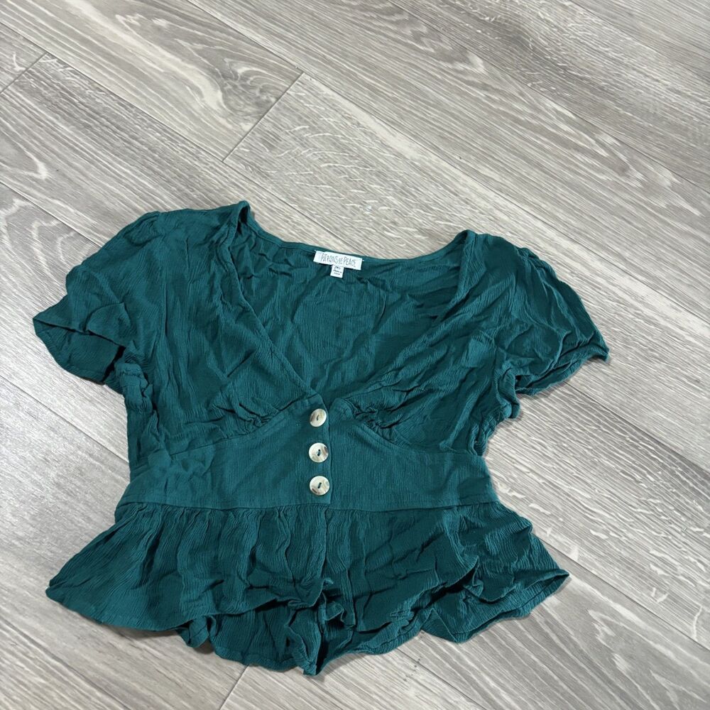 Patrons of Peace Teal Green Ruffle Button Front Top Size XS